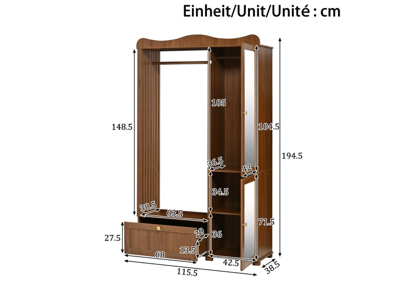  Armoire penderie ouverte 115,5x38,5x194,5 cm, miroir, 2 portes et tiroir, meubles de chambre, mdf, coloris de noyer  - Conforama C