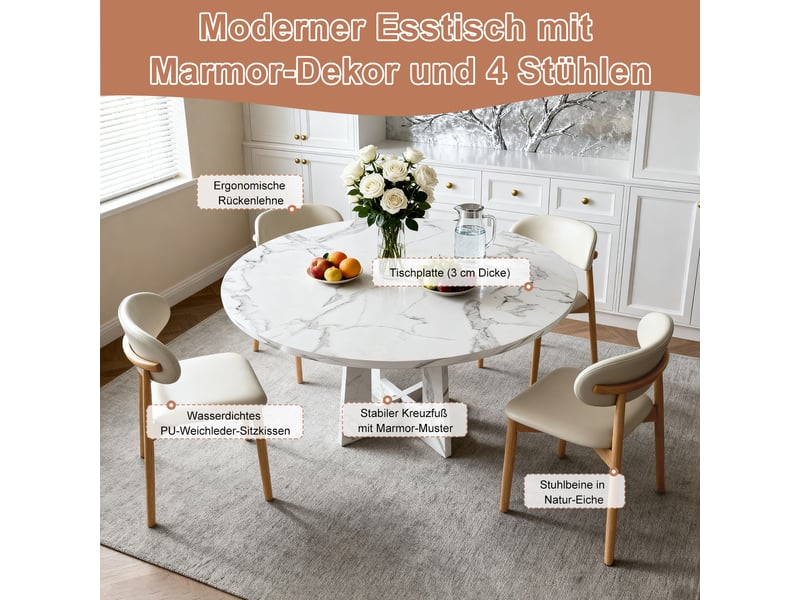  Ensemble table à manger ronde avec 4 chaises, plateau mdf effet marbre blanc ø 120 cm, pieds de chaise en chêne massif  - Conforama D