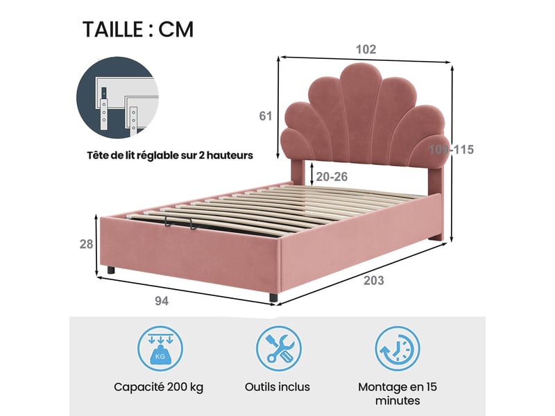  Lit coffre 90×200 cm en velours, lit simple avec rangement hydraulique et tête florale, sans matelas, rose  - Conforama D
