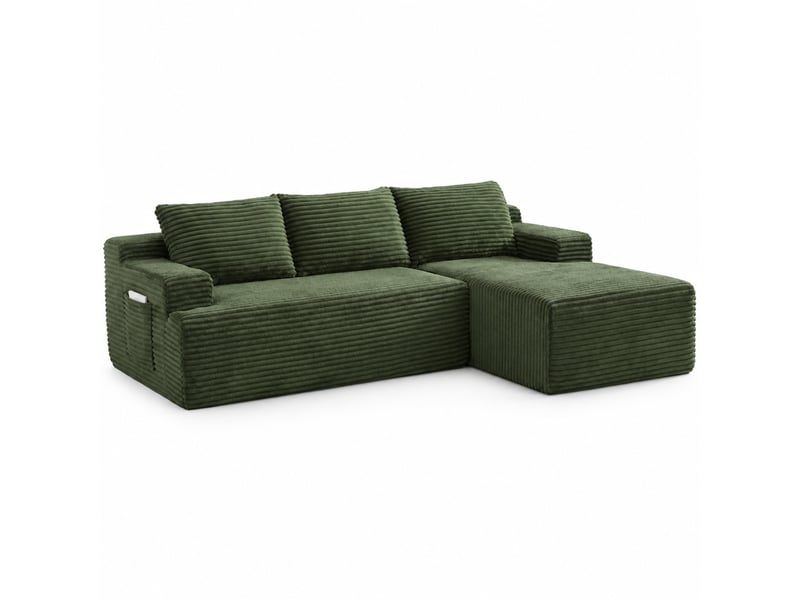  Canapé d'angle convertible 4 places en velours côtelé vert, modulable, avec méridienne à droite sans montage  - Conforama A