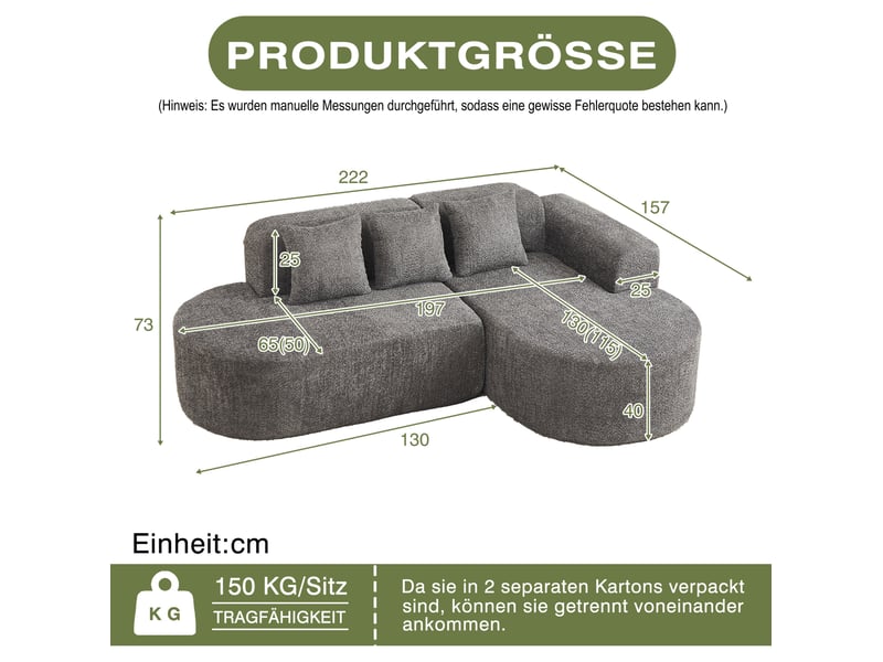  Canapé d'angle 3 places en tissu gris anthracite, méridienne droite, design arrondi wabi-sabi pour salon  - Conforama C
