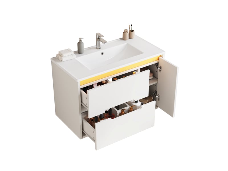 Meuble sous vasque de salle de bain avec 2 tiroirs, 1 porte, étagères réglables, led et lavabo céramique pour salle de bain - Conforama A