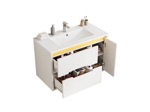 Meuble sous vasque de salle de bain avec 2 tiroirs, 1 porte, étagères réglables, led et lavabo céramique pour salle de bain