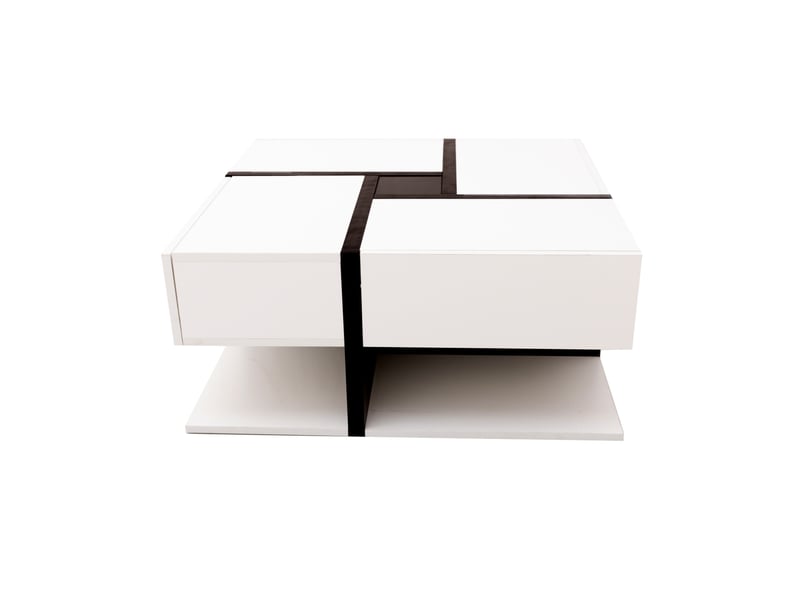  Table basse carrée avec 4 tiroirs et niche de rangement, finition brillante, pour salon, blanc, 78 × 78 × 36 cm  - Conforama A