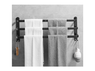 Étagère porte-serviettes en aluminium noir - support mural sans perçage, 3 barres de 70cm, porte-serviettes mural, porte serviettes sans perçage