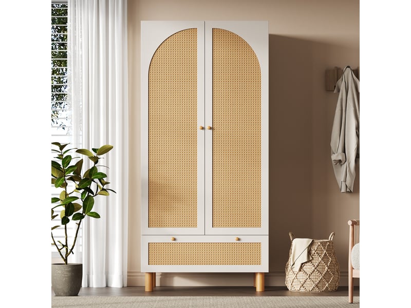 Armoire 2 portes avec grand tiroir, penderie et étagères réglables, style campagne, blanche, 85,5 × 52 × 180,5 cm - Conforama C
