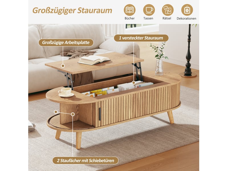  Table basse relevable avec 2 rangements latéraux et espace caché, style naturel, 4 pieds en bois, pour salon, en mdf  - Conforama E