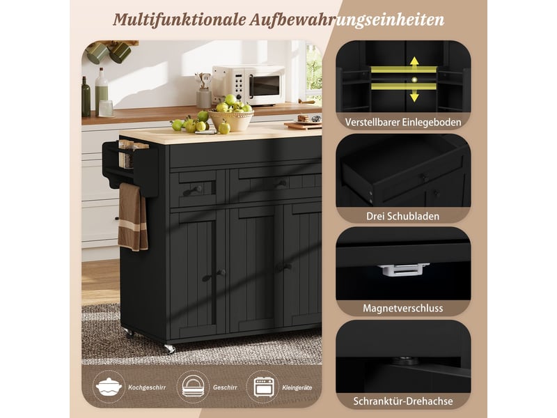  Îlot de cuisine sur roulettes espace repas extensible porte-épices intégré tiroirs de rangement structure mobile îlot indépendant finition noire  - Conforama E