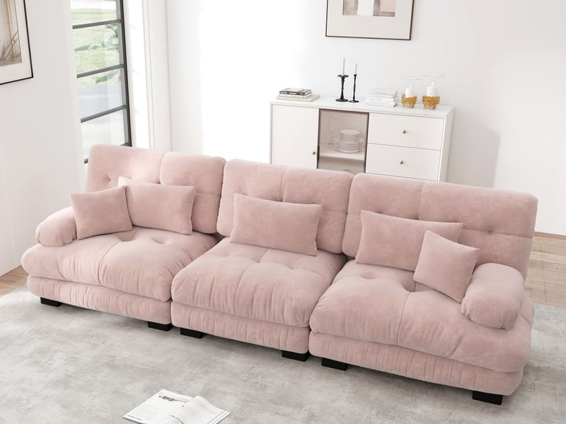  Canapé d'angle modulable 3 places à assise profonde, assise confortable, chenille rose, 313x77x81cm  - Conforama B