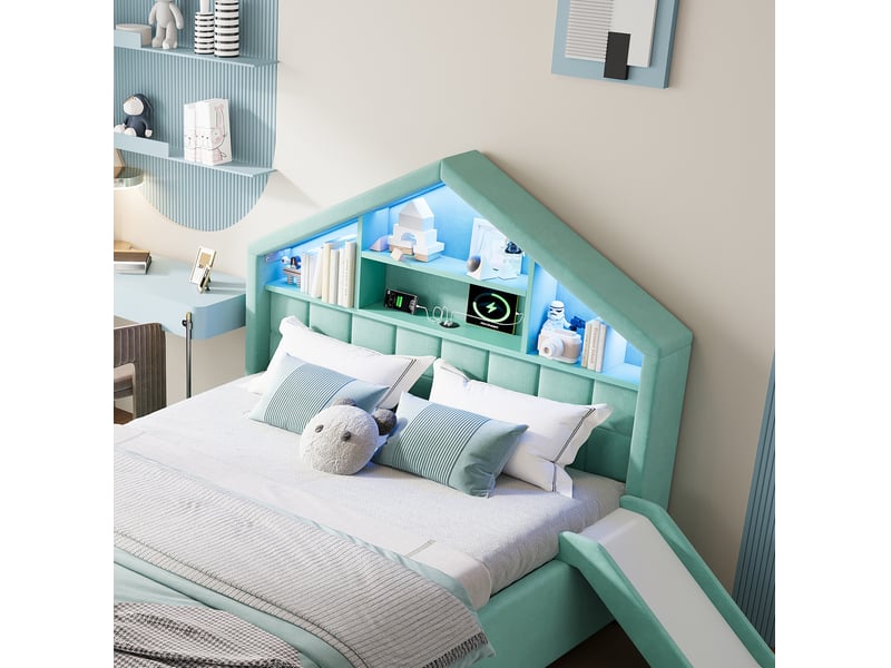 Lit cabane enfant 140x200 cm avec toboggan, led et rangement bleu-vert, sans matelas  - Conforama E