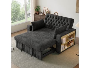 Canapé 2 places convertible 140 cm avec dossier réglable 3 positions, usb, porte-gobelet, étagère, poche et 2 coussins, chenille gris