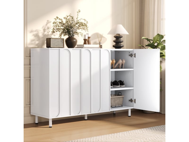 Meuble à chaussures - 120x40x80cm - buffet 2-en-1, 3 portes avec motifs en arc &amp; charnières amorties - blanc  - Conforama D