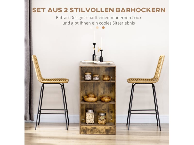  Tabourets de bar lot de 2 avec dossier et repose-pieds, design bohème en résine tressée jaune et acier noir  - Conforama E