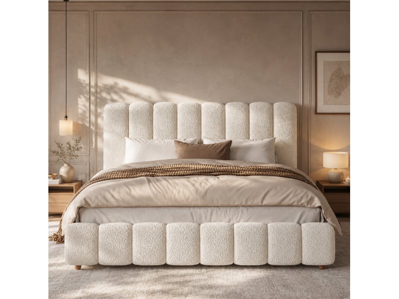  Lit double 180x200 avec tête de lit rembourrée bouclé blanc evryae  - Conforama D