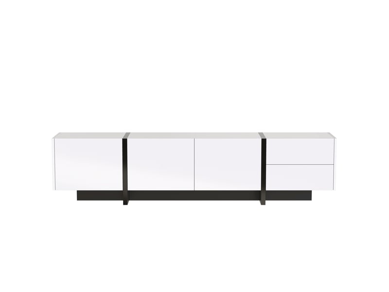  [déstockage] meuble tv bas moderne – portes et tiroirs, pieds contrastés blancnoir, style épuré  - Conforama A