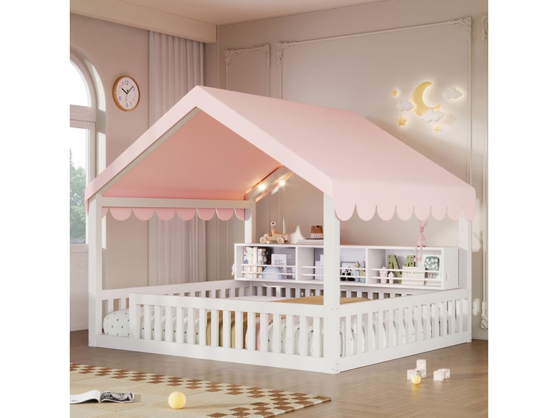  Lit cabane enfant 2 places 140×200 cm avec barrières, led et étagère - okmyhome- blanc, sans matelas  - Conforama B
