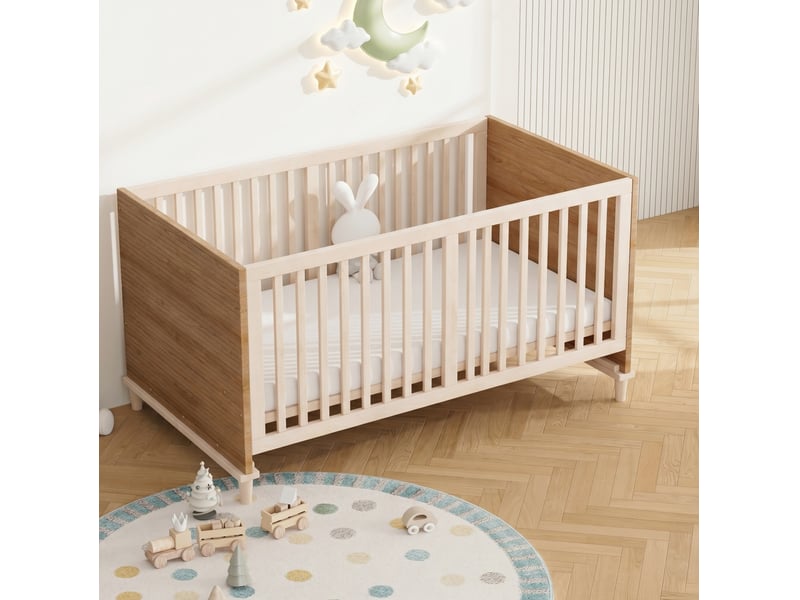  Lit bébé 70 x 140 x 87 cm, naturel, bois et mdf, 5 hauteurs réglables, sans matelas, barrières intégrales  - Conforama B