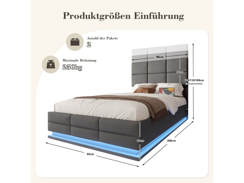  Lit coffre rembourré 90x200 cm gris en velours, led, usbtype-c, rangement xxl  - Conforama C