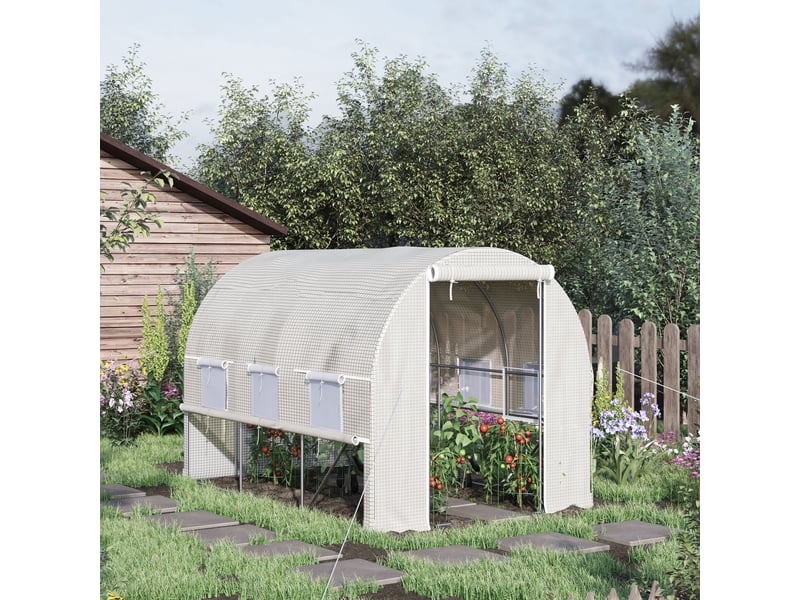  Serre de jardin tunnel serre tunnel 6 m² avec 6 fenêtres porte enroulable toile pe structure en acier galvanisé blanc  - Conforama D