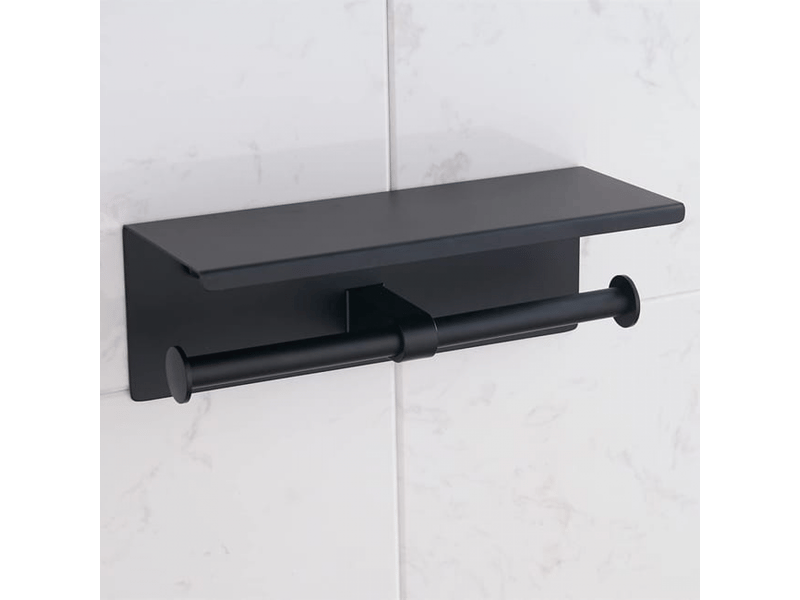  Porte-papier toilette noir mat avec étagères, support mural de salle de bain à double poteau en acier inoxydable  - Conforama A