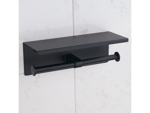 Porte-papier toilette noir mat avec étagères, support mural de salle de bain à double poteau en acier inoxydable