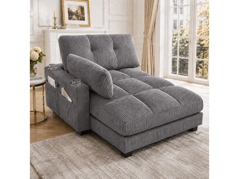  Canapé en velours côtelé gris avec porte-gobelets, poche latérale et tiroir intégré, 140x112x81 cm  - Conforama B
