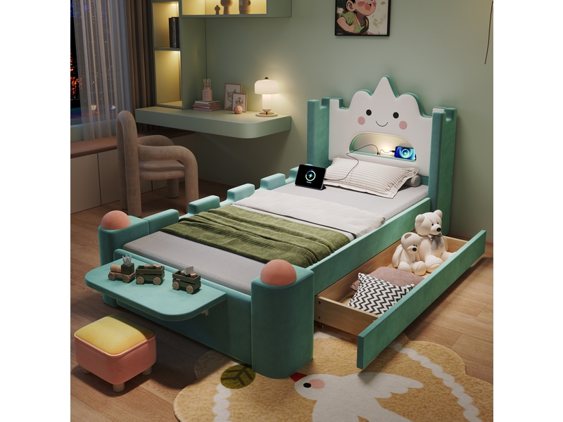  Lit enfant 90x200 cm avec tiroir de rangement, lampe led et usb en velours bleu et vert  - Conforama C