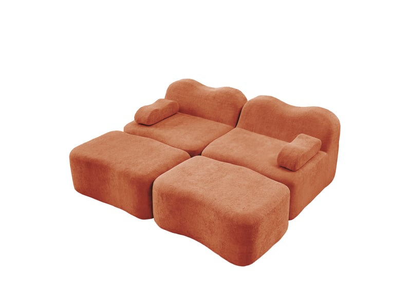 Canapé modulaire 2 places avec 2 poufs en velours orange - Conforama A
