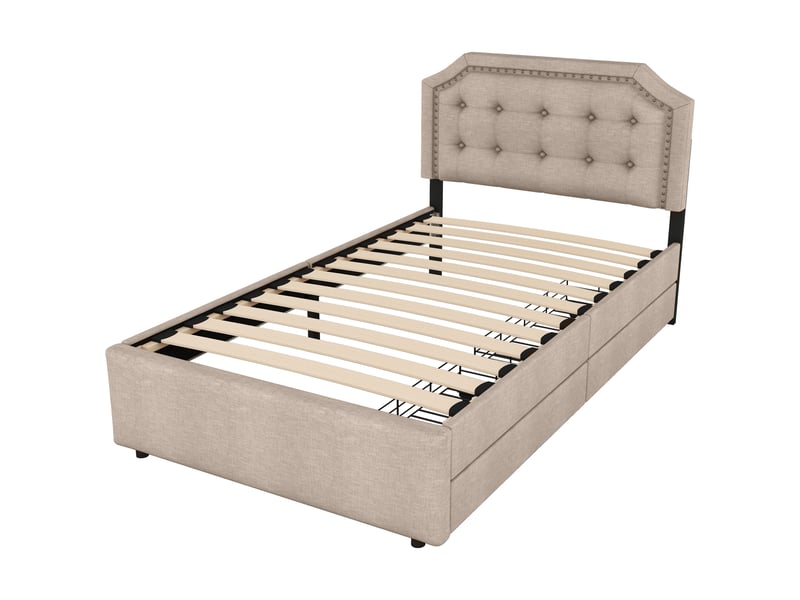  Lit rembourré beige foncé 90x200 cm avec détails cloutés et 2 tiroirs de rangement  - Conforama D