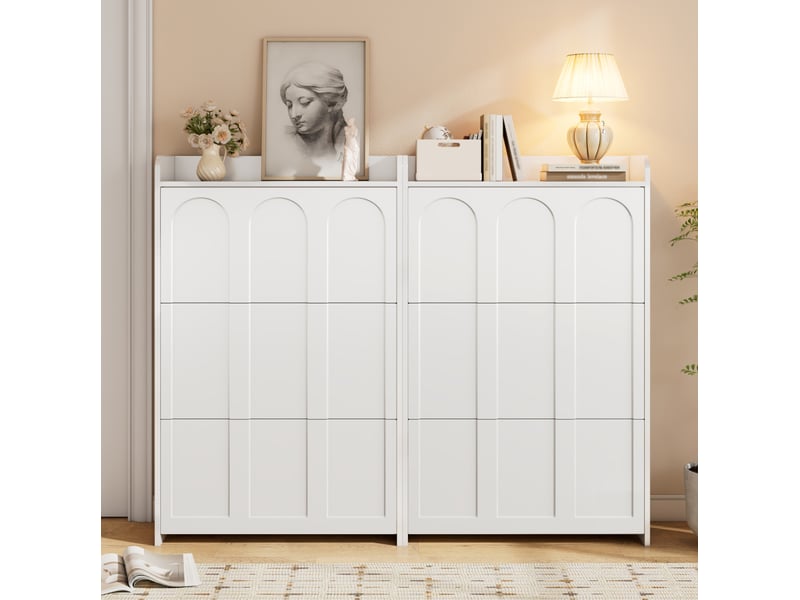  Lot de 2 meubles à chaussures à 6 portes abattantes, 140x25x120 cm, mdf blanc  - Conforama D