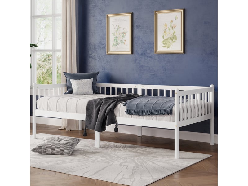  Lit simple 90x200 cm avec barrières sur 3 côtés en bois blanc  - Conforama C