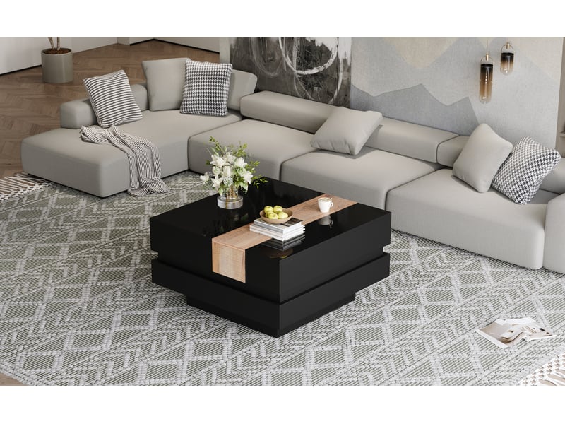  Table basse carrée 70x70x39 cm noire en panneau de particules avec plateau extensible et rangement dissimulé evarich - Conforama B