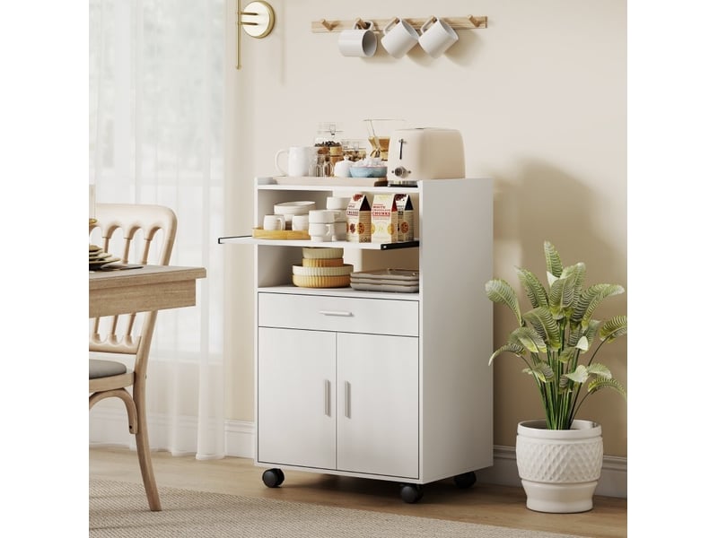  Desserte de cuisine à roulettes avec 2 portes, tiroir, niche et tablette coulissante en mdf blanc pour la cuisine  - Conforama B