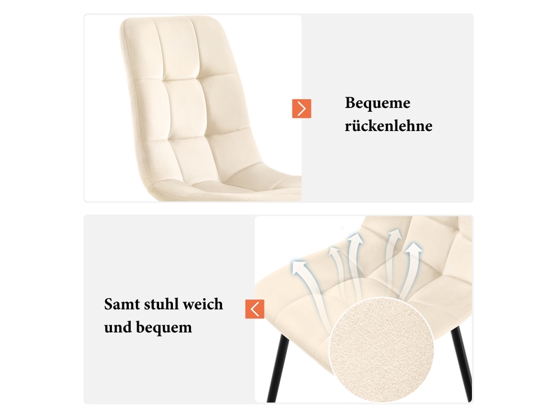  Lot de 4 chaises velours blanc foncé avec dossier et pieds métal – design contemporain, salle à manger  - Conforama E