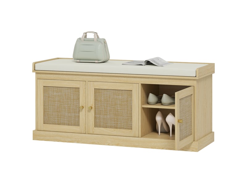  Banc chaussures entrée 9 paires, banc de rangement, 3 portes en rotin, coussin et étagère réglable, 105x35x47cm, chêne  - Conforama B