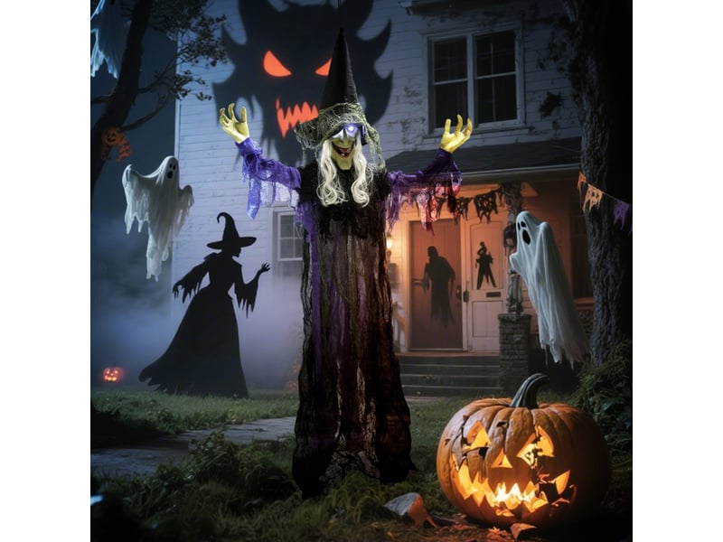  Décoration halloween sorcière animée avec yeux led, sons et bras articulés en acier et polyester violet 80 × 15 × 183 cm  - Conforama C