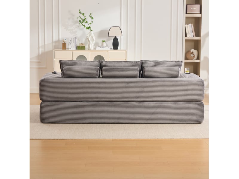Canapé convertible 3 places modulaire avec poches latérales, porte-gobelet et coussins, en velours côtelé gris foncé - Conforama D