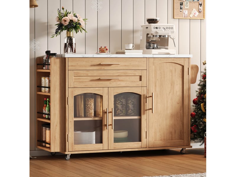  Desserte de cuisine avec plateau rabattable, 2 portes, 2 tiroirs et 5 roulettes, effet bois naturel, 120 × 45 × 90 cm  - Conforama C