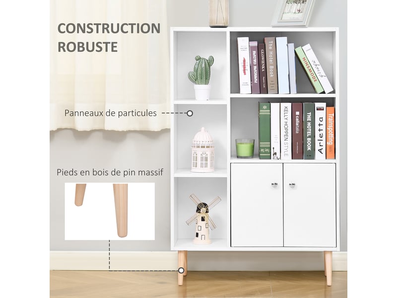  Bibliothèque 5 niches et placard 2 portes blanc 80 x 23,5 x 123 cm  - Conforama E