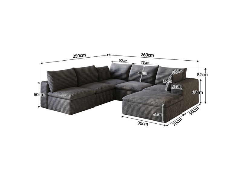 Canapé d'angle modulaire 6 places avec coussins amovibles et soutien en mousse, en velours côtelé gris foncé - Conforama C