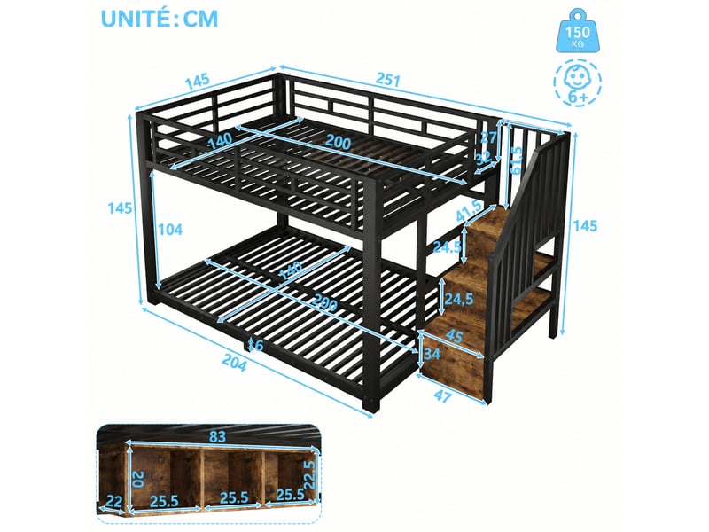  Lit superposé 140 x 200 cm avec escalier, rangement et led, structure en métal noir et mdf, sans matelas  - Conforama C