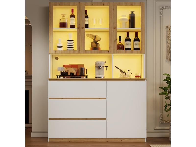 Vitrine haute led avec portes vitrées, 3 tiroirs et niche passe-câbles pour salon, en mdf blanc et chêne, 120 × 200 cm - Conforama C