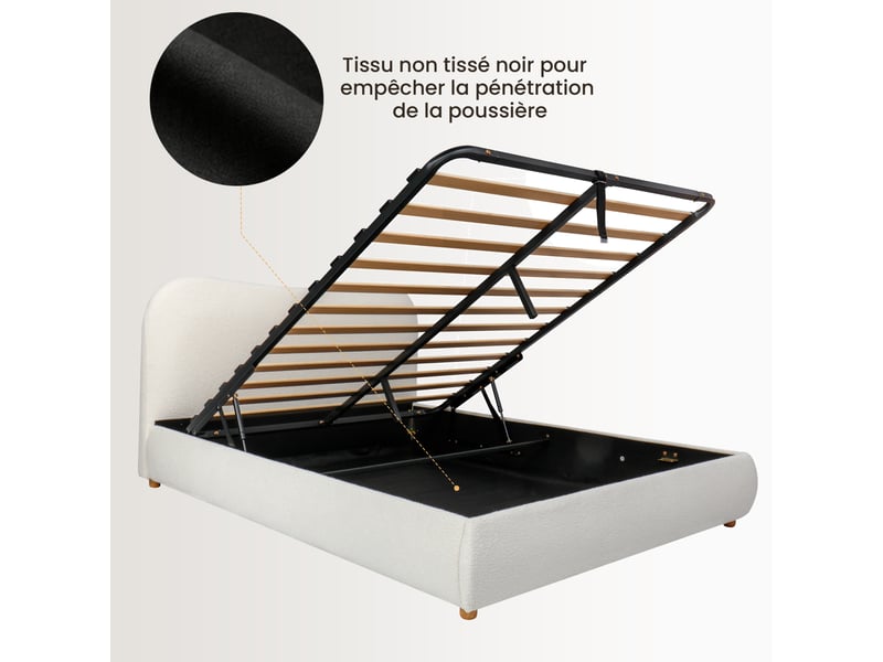  Lit rembourré, lit double, 180 x 200 cm, sommier à lattes, tête de lit et grand espace de rangement, pieds de lit en bois massif, tissu bouclé blanc  - Conforama D