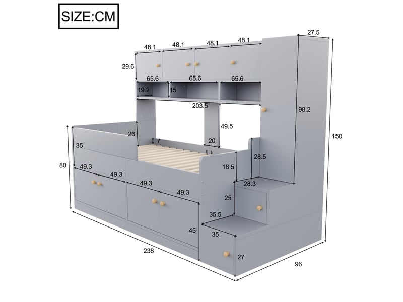 Lit enfant 90x200 cm, lit combiné avec rangement et led, gris, sans matelas  - Conforama C