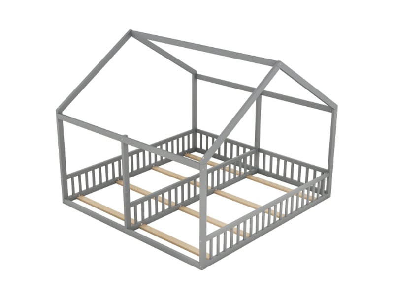  Lit cabane 90x200 cm, lit enfant avec barriére de protetion, en bois de pin, gris, sans matelas  - Conforama E