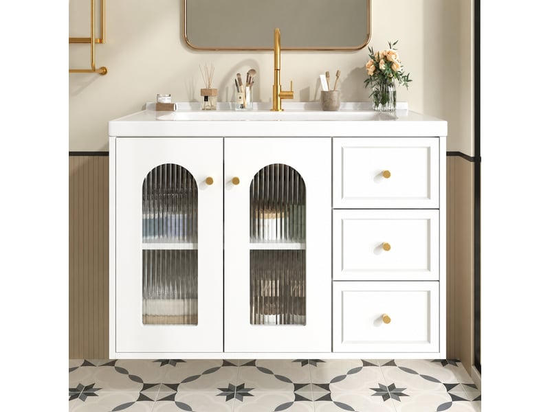 Meuble vasque suspendu 80 cm blanc en mdf avec vasque intégrée en céramique - Conforama B