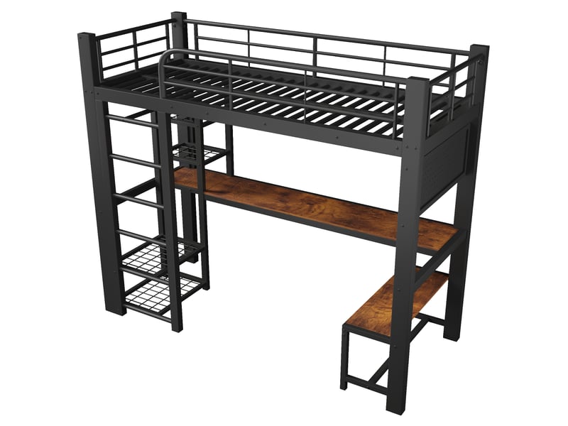 Lit mezzanine 90x200 cm métal noir avec led, bureau bois et rangements intégrés - Conforama D