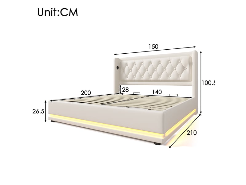  Lit coffre 140 × 200 cm 2 places avec led réglable, usb et type-c, rangement hydraulique, matelas inclus, pu blanc  - Conforama D