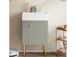 Meuble vasque salle de bain 55 cm gris et blanc en mdf, petit format avec rangement et vasque intégrée