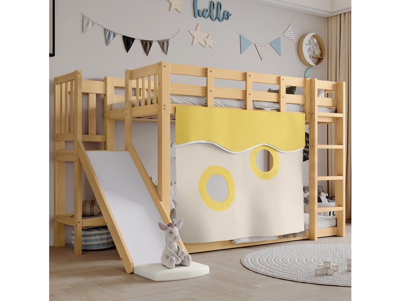  Lit superposé enfant 90x200 cm avec escalier, toboggan et rideaux, en bois et mdf, naturel sans matelas  - Conforama D